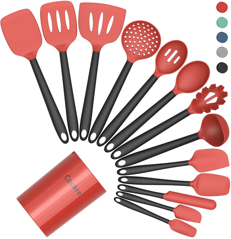 Coukre Silicone Kitchen Cooking Utensils Set with Holder â€“ Heat-Resistant, Food-Grade Kitchen Tools, Spatula, Spoon & Gadgets for Non-Stick Pans, Dishwasher Safe (14, Red) - Image 1