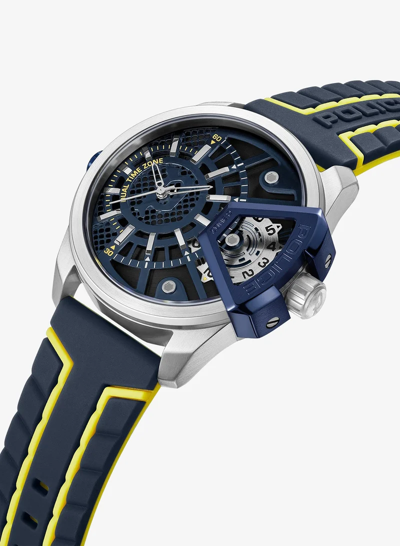 Police Underlined Blue Silicone Strap Round Stainless Steel Case Watch for Men - 46mm