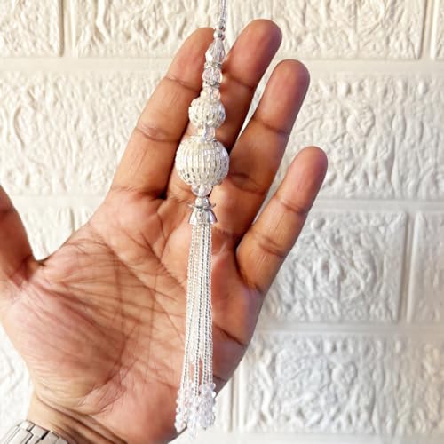 Adikala Craft Store Handmade Ethnic Cutdana Latkan Tassel Set of 2 for Saree Pallu, Blouse, Suits, Dupatta, Lehenga Decor, DIY Art & Crafts (Silver D3) - Image 3