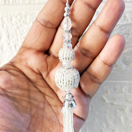 Adikala Craft Store Handmade Ethnic Cutdana Latkan Tassel Set of 2 for Saree Pallu, Blouse, Suits, Dupatta, Lehenga Decor, DIY Art & Crafts (Silver D3) - Image 2