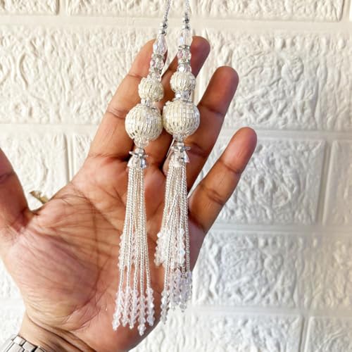 Adikala Craft Store Handmade Ethnic Cutdana Latkan Tassel Set of 2 for Saree Pallu, Blouse, Suits, Dupatta, Lehenga Decor, DIY Art & Crafts (Silver D3) - Image 1