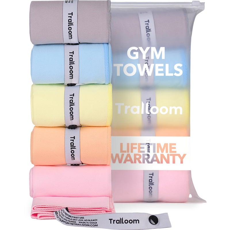 Trailoom Microfiber Workout Towels - Quick Dry, Highly Absorbing, Odor-Free, for Women & Men - Gym Sweat Sports Towel for Hot Yoga, Tennis, Running, Exercise, Working Out, Camping, Set of 5 Pastel - Image 1