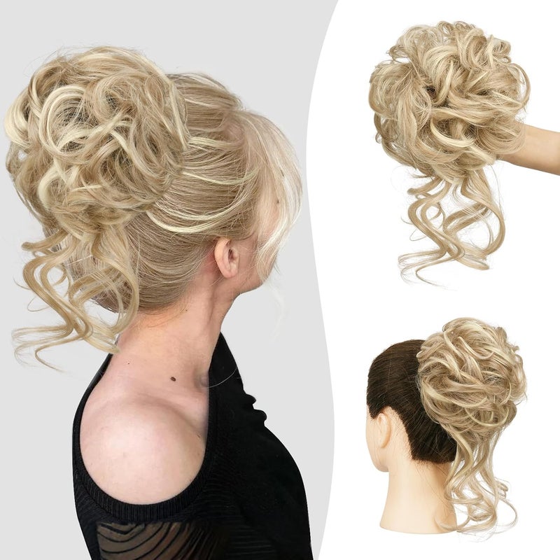 SOFEIYAN Messy Bun Hair Piece Curly Wavy Hair Bun Extensions Synthetic Tousled Updo with Tendrils Hairpieces Bun Donut Accessories Scrunchies for Women, Light Ash Brown Mix Bleach Blonde - Image 1