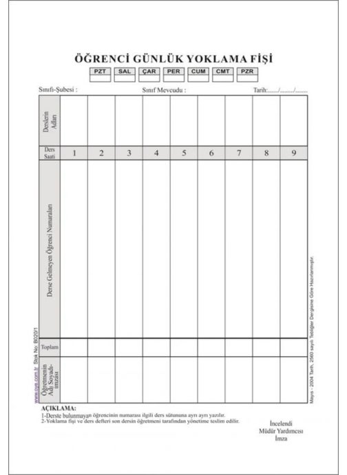 9 Class Daily Attendance Sheet