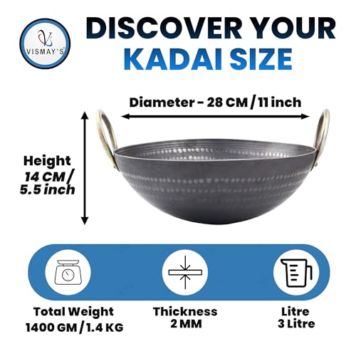 VISMAY'S 3 Litre 11 inch Food Grade Iron Kadai India’s 1st Smooth Edge Kadhai Strong Riveted Handle Traditional Frying Pan Wok Hammered Heavy Base Metal Spoon Friendly Works on Gas and Induction - Image 2