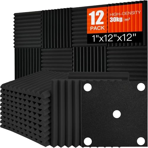 Saiqiang Acoustic Foam Panels Sound Absorbing 12 Pack 1 X 12X 12 Sound Proof Panels Noise Reducing for Walls High Density Sound Deadening Panels Black Wedge for Studio Recording Office Home - Image 1