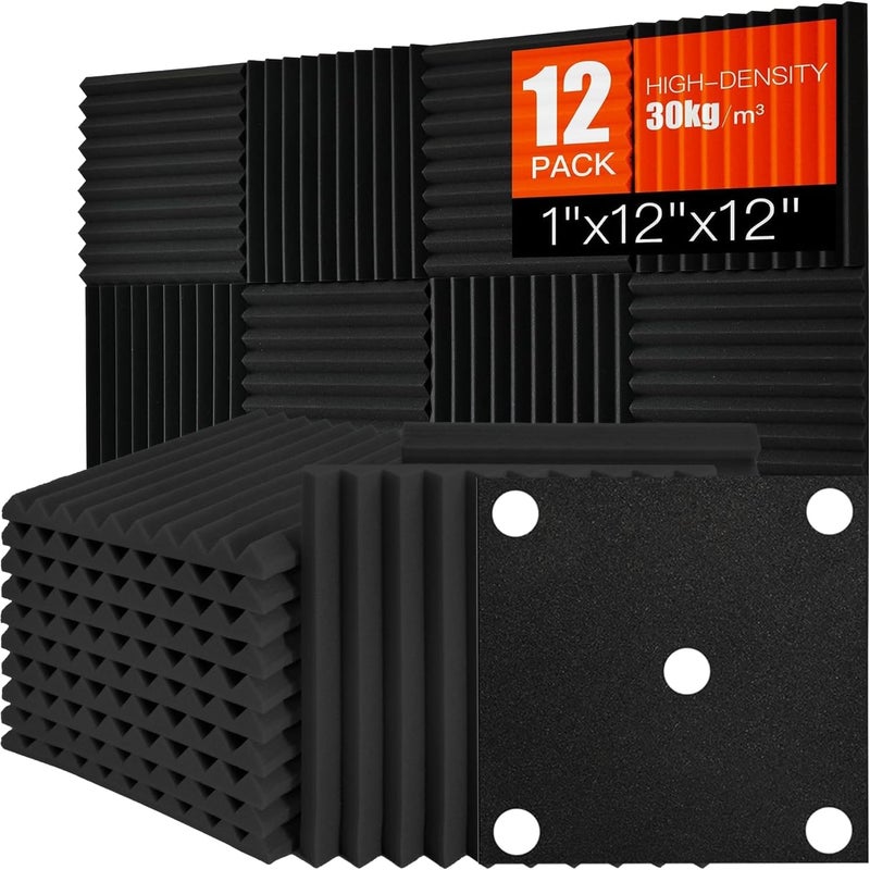 Saiqiang Acoustic Foam Panels Sound Absorbing 12 Pack 1 X 12X 12 Sound Proof Panels Noise Reducing for Walls High Density Sound Deadening Panels Black Wedge for Studio Recording Office Home - Image 2