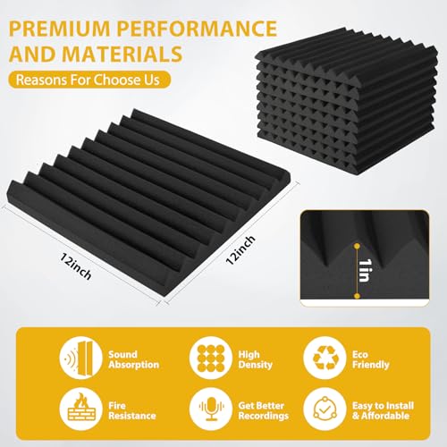 Saiqiang Acoustic Foam Panels Sound Absorbing 12 Pack 1 X 12X 12 Sound Proof Panels Noise Reducing for Walls High Density Sound Deadening Panels Black Wedge for Studio Recording Office Home - Image 3