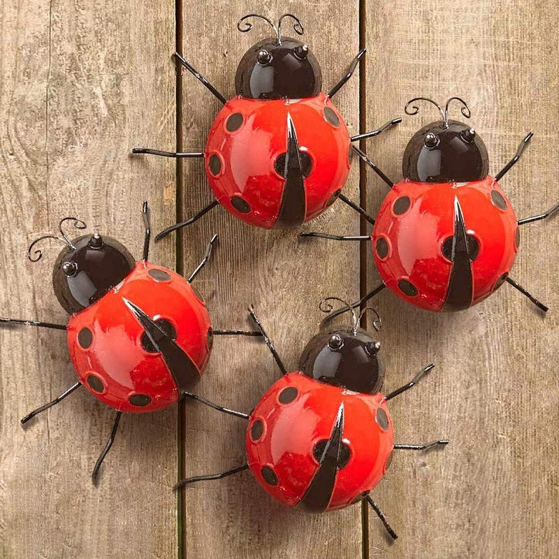 Metal Ladybugs Garden Wall Art Decor Cute Ladybugs Wall Sculptures  Statues Outdoor Decoration Yard Lawn Porch Fence Ornaments Set of 4