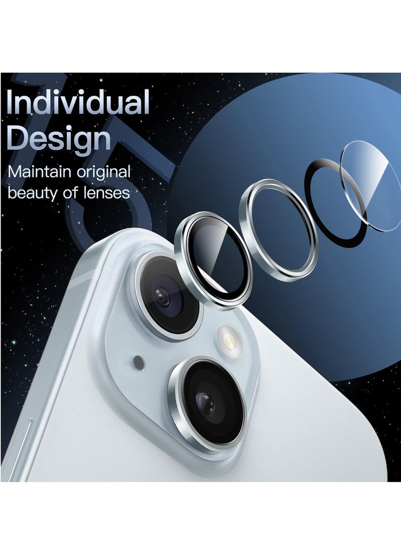 جي تيك واقي عدسة الكاميرا لهاتف iPhone 15 مقاس 6.1 بوصة 9H من الزجاج المقسى وغطاء حلقة معدنية فردية HD شفاف 2 عبوة باللون الأزرق - Image 3