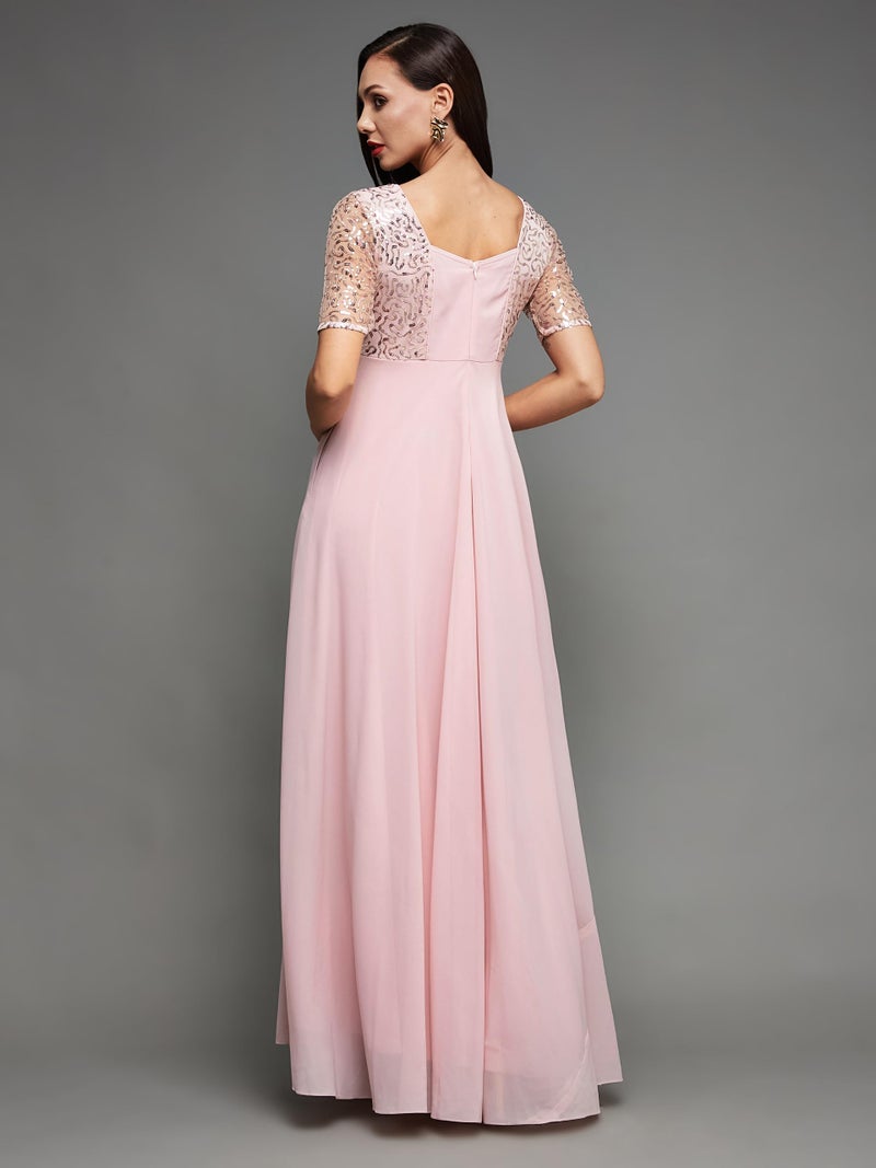 Miss Chase Women's Square Neck Half Sleeve Solid Embellished Maxi Dress (MCSS23D98-59-234-04, Dusty Pink, M) - Image 4