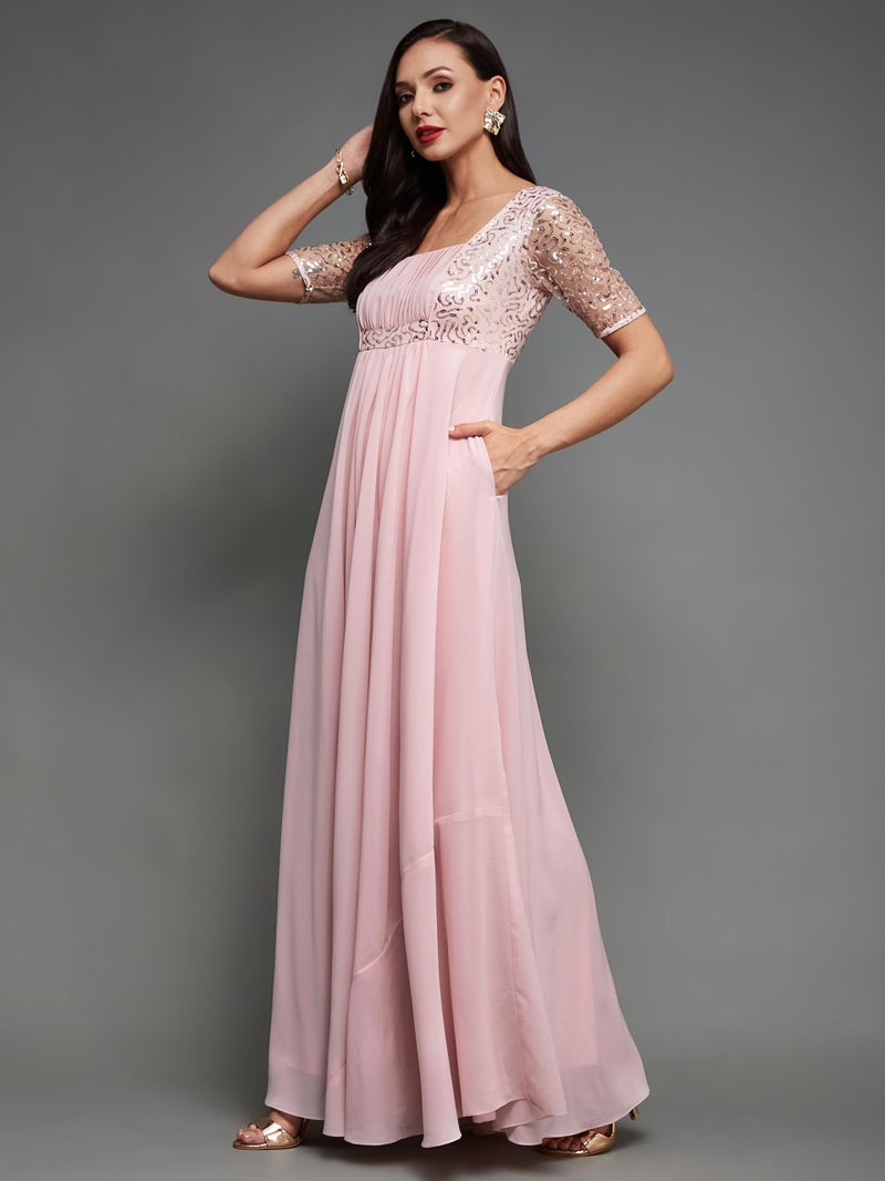 Miss Chase Women's Square Neck Half Sleeve Solid Embellished Maxi Dress (MCSS23D98-59-234-04, Dusty Pink, M) - Image 3