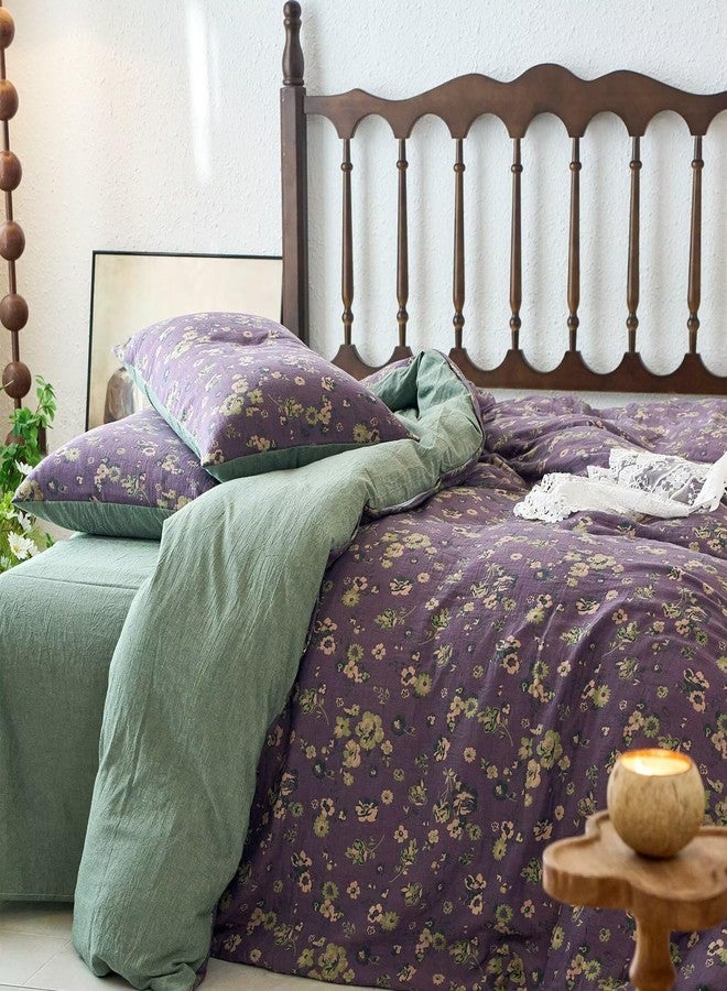 BuLuTu Muslin Duvet Cover Set Twin, 100% Cotton Floral Comforter Cover Linen Like, Soft Breathable Quilt Cover with 2 Pillowcases, 68"x86", Shabby Chic Purple Floral Green Bedding Set - Image 3