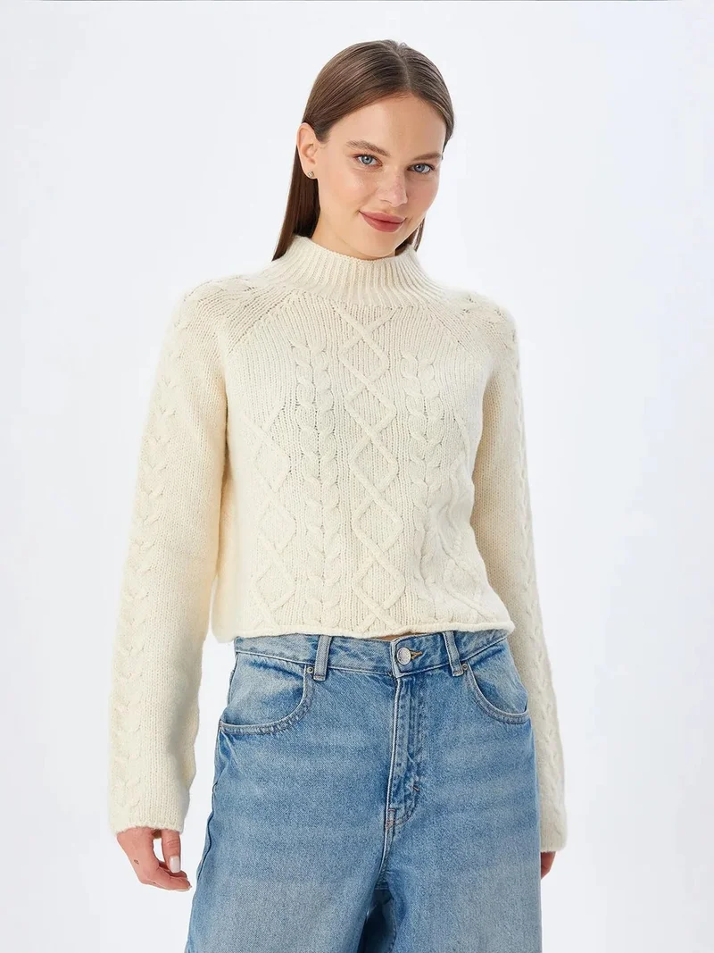 Mixray Natural Mixray Argyle Half-Turtleneck Ribbed Knit Sweater for Women | Best Price UAE