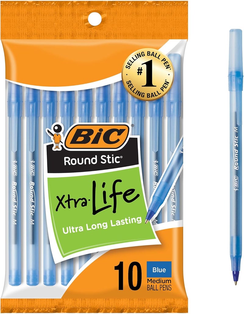 BIC Round Stic Xtra Life Blue Ballpoint Pens, Medium Point (1.0mm), 10-Count Pack of Bulk Pens, Flexible Round Barrel for Writing Comfort, No. 1 Selling Ballpoint Pens - Image 1
