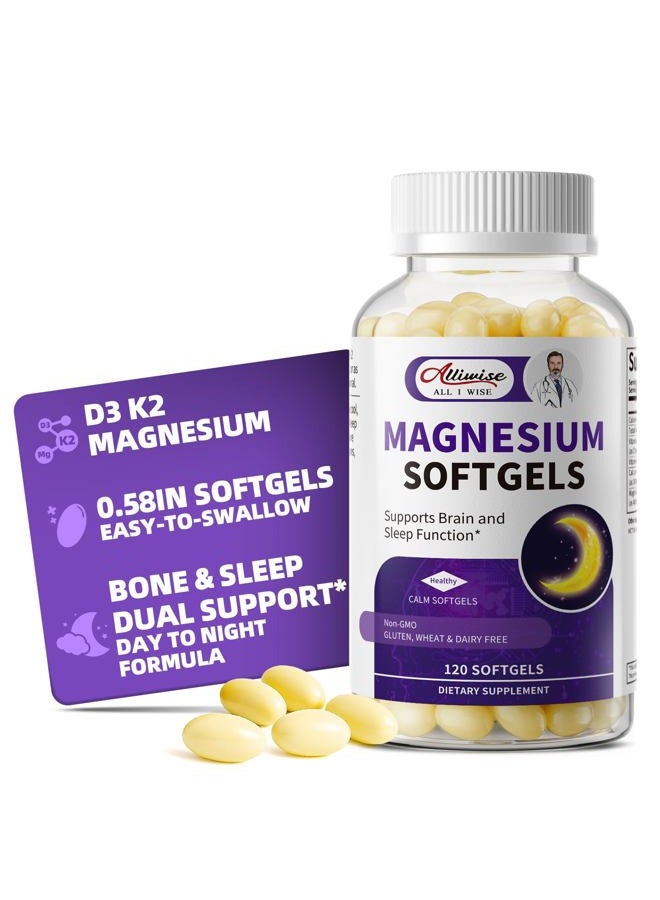 Alliwise High Absorption Magnesium Glycinate 400mg Softgels Supplement, 400 mg Elemental Magnesium with 100mg Calcium - Highly Bioavailable - with Vitamin D3 & K2, for Sleep, Mood, Brain Support - Image 1