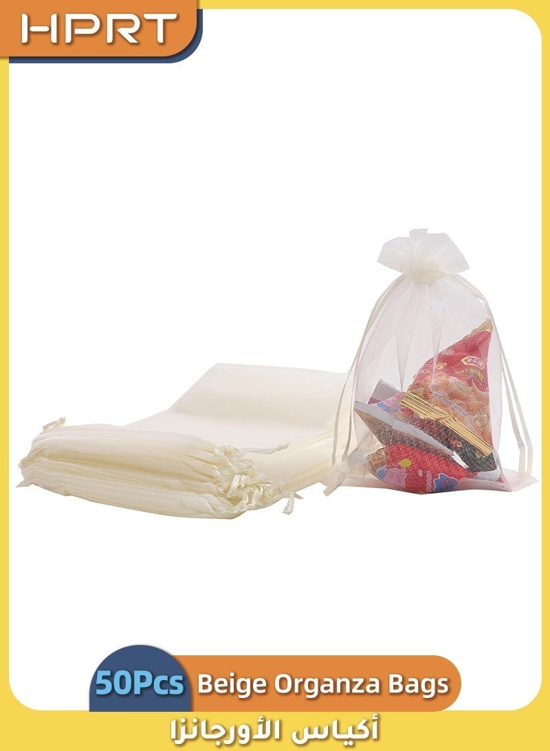 HPRT Organza Bags 50 Pcs, Drawstring Gift Bags with Satin Double Cords, Mesh Bags for Jewelry, Candy, Chocolate, Party Favors and Small Item Storage (Beige, 13 × 18 cm) - Image 1