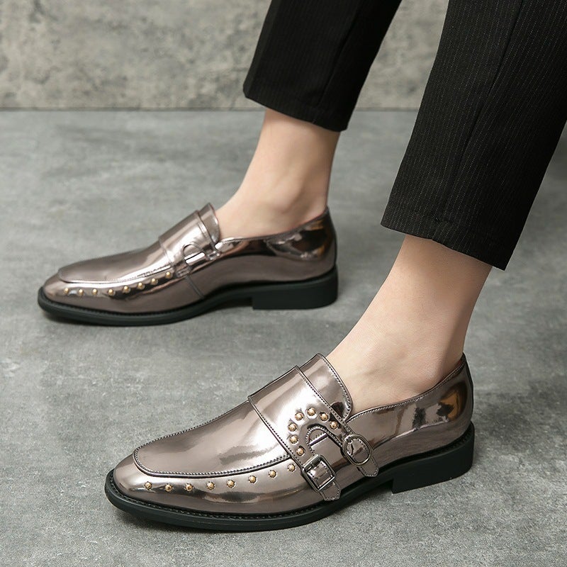 Plus Size 46 Pointed Shiny Double Pin Buckle Leather Shoes Men'S British Casual Stylist Loafers Punk Wedding Shoes - Image 4
