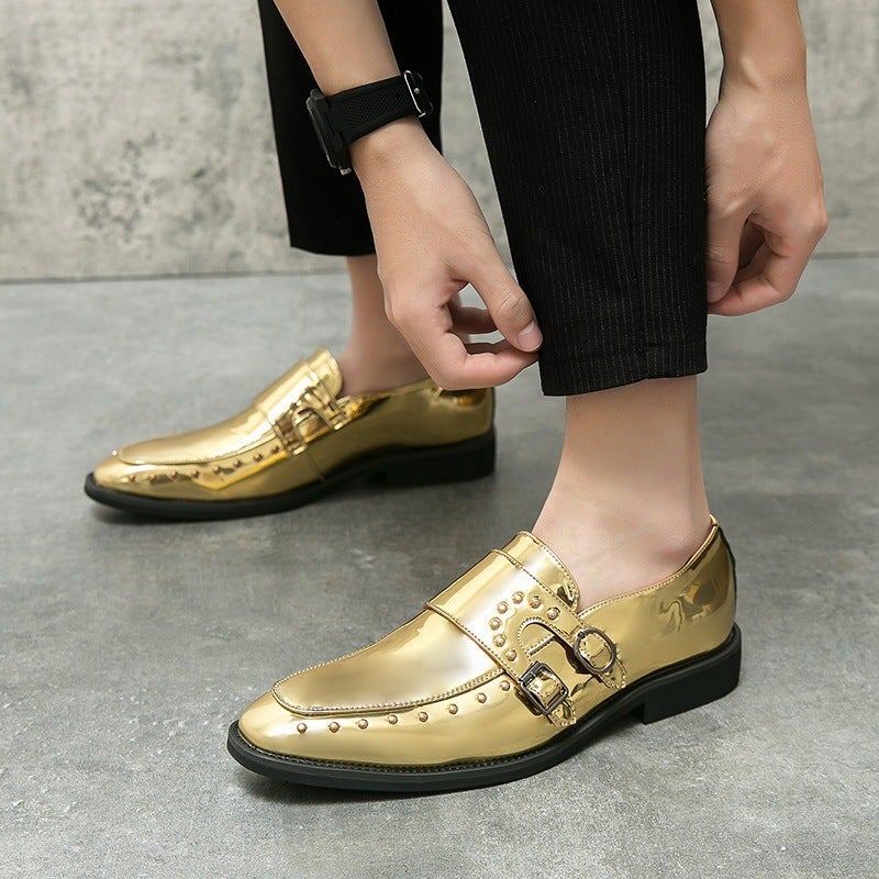 Plus Size 46 Pointed Shiny Double Pin Buckle Leather Shoes Men'S British Casual Stylist Loafers Punk Wedding Shoes - Image 2