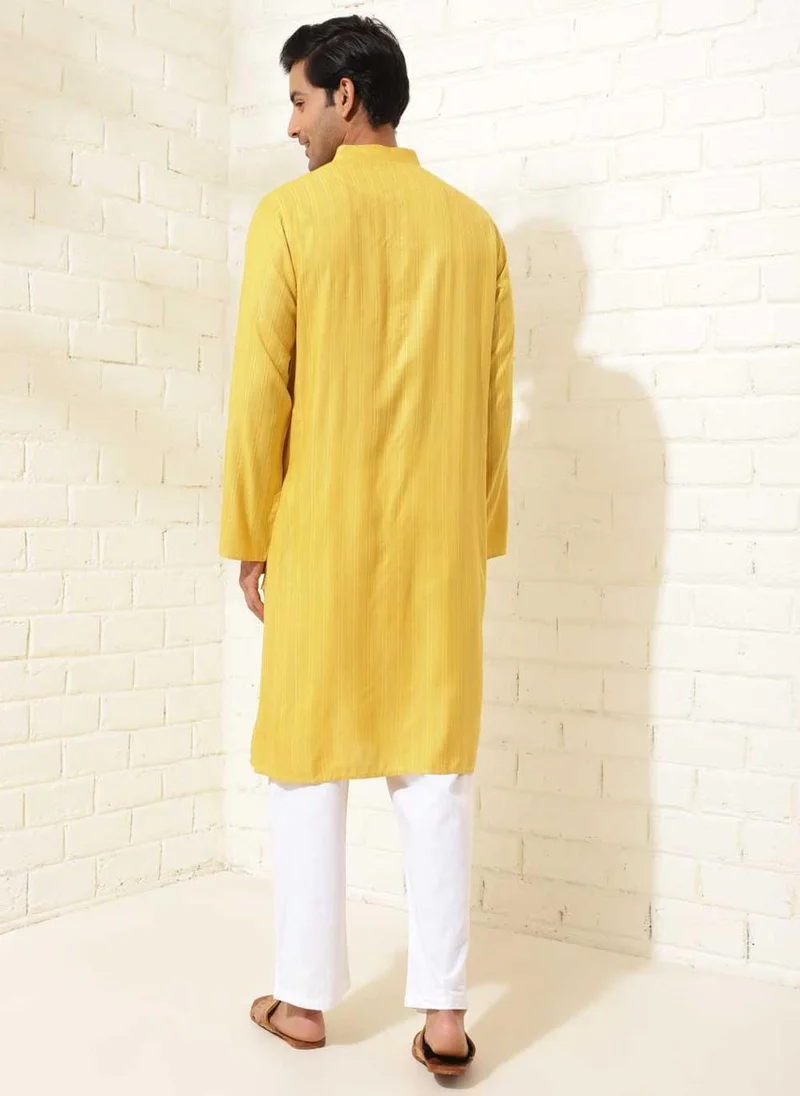 فاب انديا Yellow Viscose Blend Dobby Long Kurta