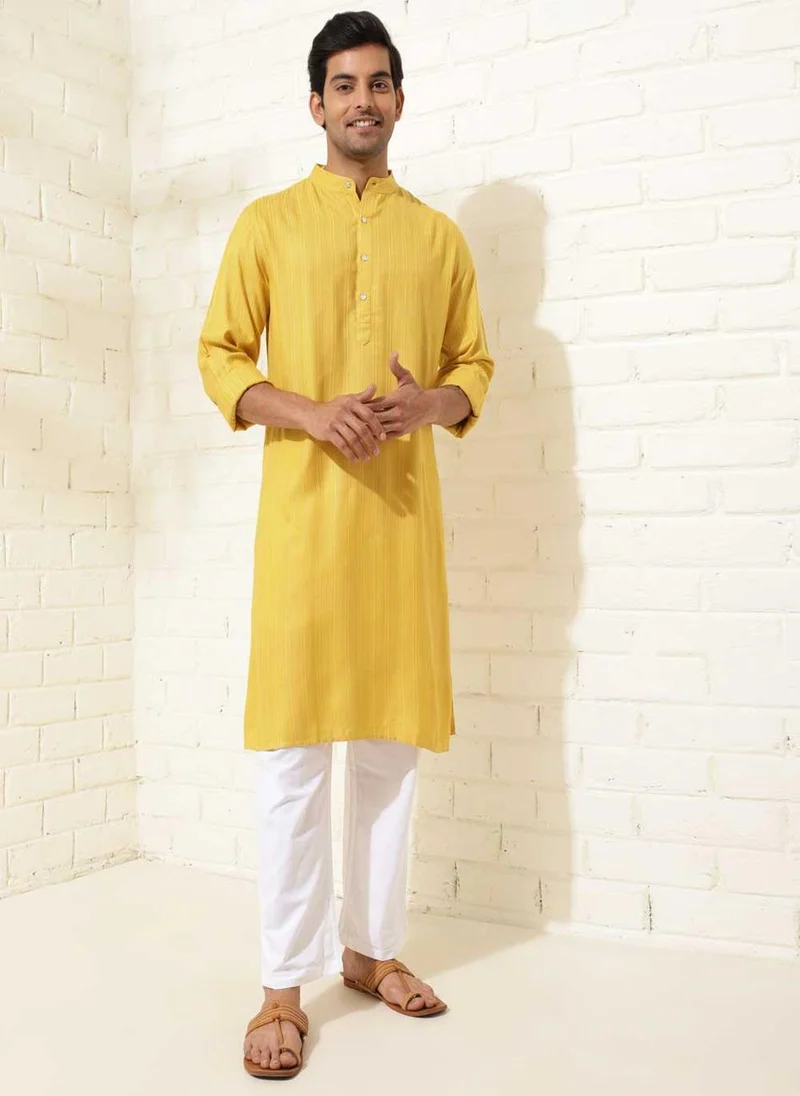 فاب انديا Yellow Viscose Blend Dobby Long Kurta