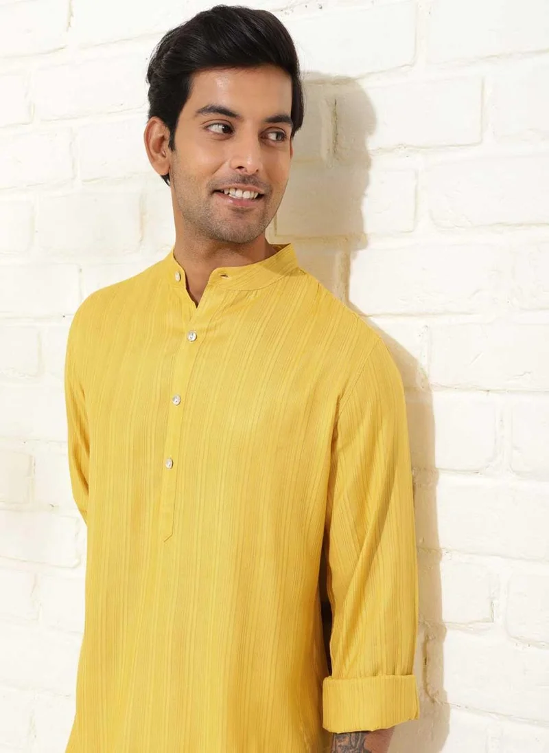 فاب انديا Yellow Viscose Blend Dobby Long Kurta