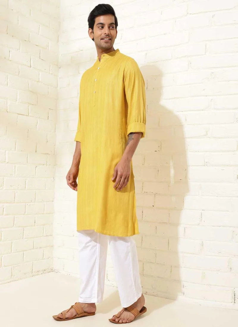 فاب انديا Yellow Viscose Blend Dobby Long Kurta
