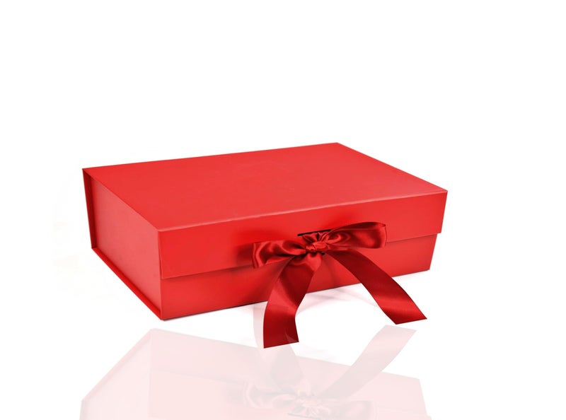 MEXZA Gift box Foldable collapsible Hardboard Rakhi Empty Box with Satin Ribbon Multipurpose Decorative Hamper Box Holds 10 kg Presents Reuse Valentine (30x 26 x 8 cm-large) (RED) - Image 1