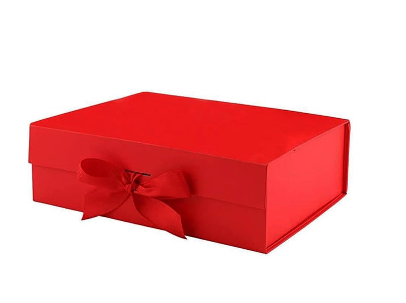 MEXZA Gift box Foldable collapsible Hardboard Rakhi Empty Box with Satin Ribbon Multipurpose Decorative Hamper Box Holds 10 kg Presents Reuse Valentine (30x 26 x 8 cm-large) (RED) - Image 5