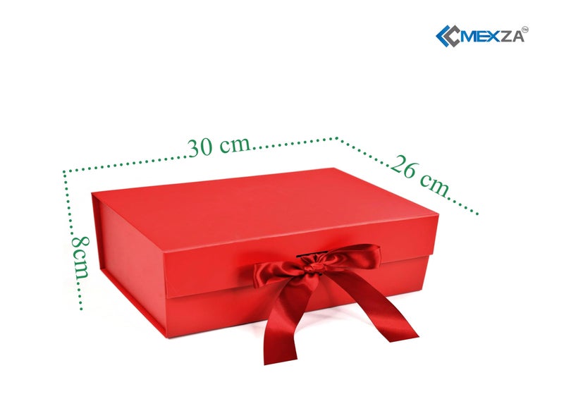 MEXZA Gift box Foldable collapsible Hardboard Rakhi Empty Box with Satin Ribbon Multipurpose Decorative Hamper Box Holds 10 kg Presents Reuse Valentine (30x 26 x 8 cm-large) (RED) - Image 2