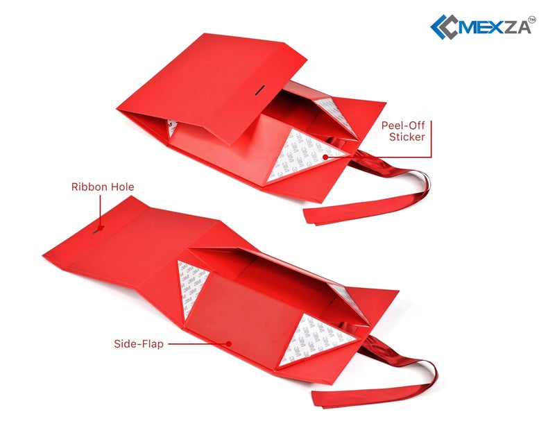 MEXZA Gift box Foldable collapsible Hardboard Rakhi Empty Box with Satin Ribbon Multipurpose Decorative Hamper Box Holds 10 kg Presents Reuse Valentine (30x 26 x 8 cm-large) (RED) - Image 3