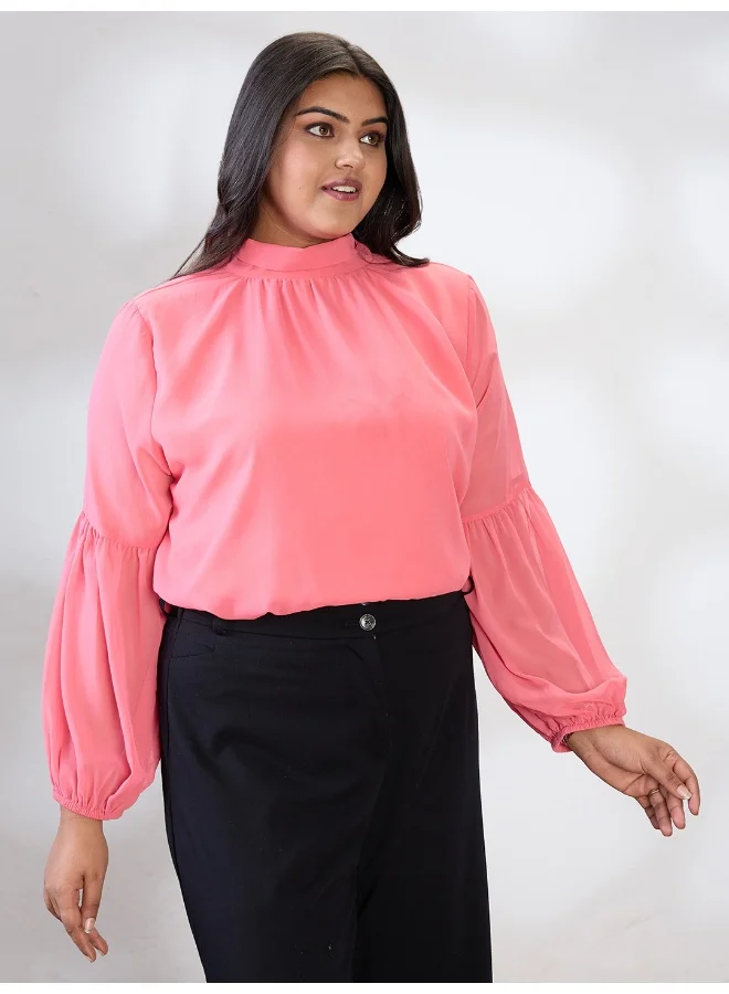 globus Gloplus Women Tie-Up High Neck Bishop Sleeves Georgette Plus Size Workwear Top