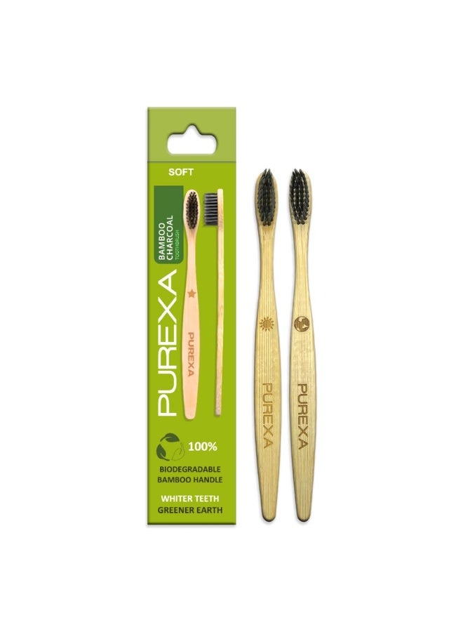 PUREXA Bamboo Toothbrush with Activated Charcoal BPA-Free Soft Bristles (Pack of 2), 100% Natural, Eco-Friendly and Biodegradable Handle - Image 1