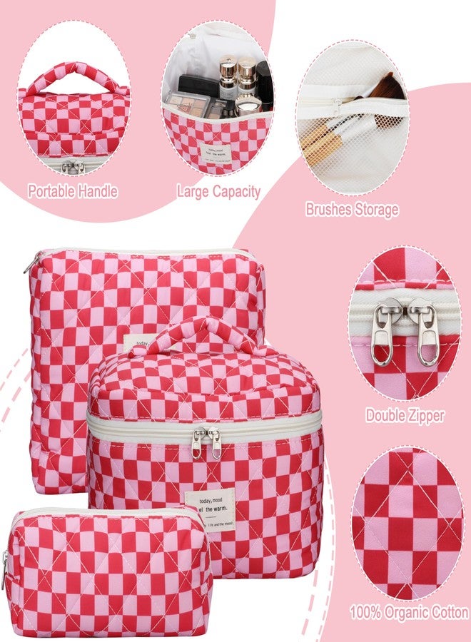 TESAFNG Quilted Makeup Bag Set - 3 PCS Cute Floral Cotton Makeup Bag, Large Coquette Aesthetic Make up Cosmetic Bag, Flower Travel Toiletry Organizer Bags for Women Girls, Checkered Red, Checkered - Image 3