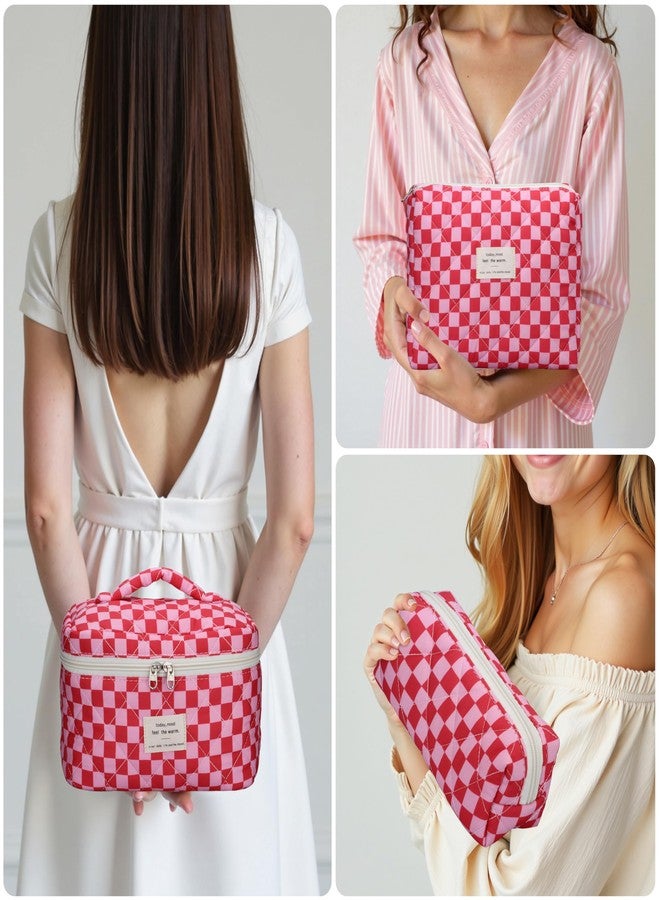 TESAFNG Quilted Makeup Bag Set - 3 PCS Cute Floral Cotton Makeup Bag, Large Coquette Aesthetic Make up Cosmetic Bag, Flower Travel Toiletry Organizer Bags for Women Girls, Checkered Red, Checkered - Image 4