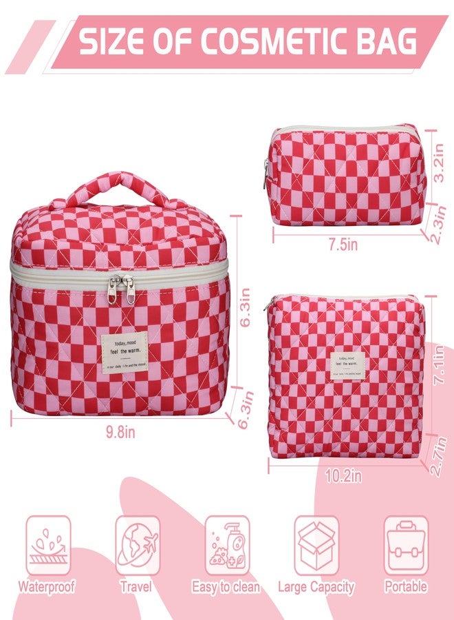 TESAFNG Quilted Makeup Bag Set - 3 PCS Cute Floral Cotton Makeup Bag, Large Coquette Aesthetic Make up Cosmetic Bag, Flower Travel Toiletry Organizer Bags for Women Girls, Checkered Red, Checkered - Image 2