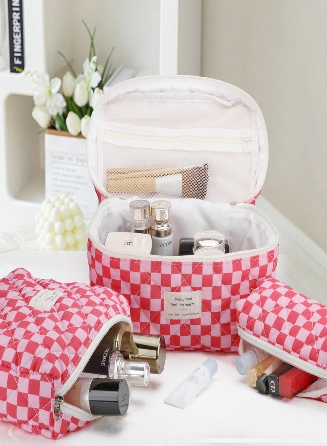TESAFNG Quilted Makeup Bag Set - 3 PCS Cute Floral Cotton Makeup Bag, Large Coquette Aesthetic Make up Cosmetic Bag, Flower Travel Toiletry Organizer Bags for Women Girls, Checkered Red, Checkered - Image 5