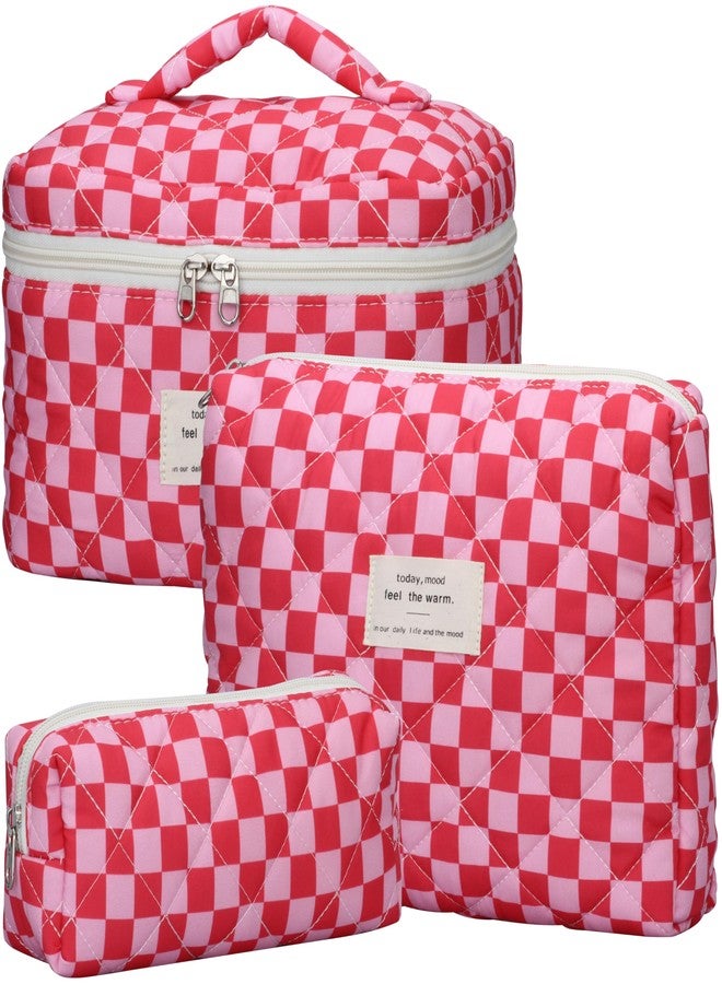 TESAFNG Quilted Makeup Bag Set - 3 PCS Cute Floral Cotton Makeup Bag, Large Coquette Aesthetic Make up Cosmetic Bag, Flower Travel Toiletry Organizer Bags for Women Girls, Checkered Red, Checkered - Image 1