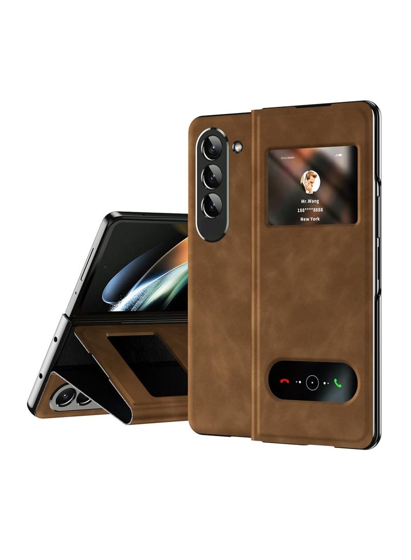 مناسب لهاتف Samsung Galaxy Z Fold 5، جراب واقٍ مغناطيسي قابل للطي، تصميم نافذة، جلد نابا فاخر للأعمال، حامل مخفي لحماية مفصلات الجسم بالكامل، جراب واقٍ رفيع للغاية (Z Fold 5 بني) - Image 1
