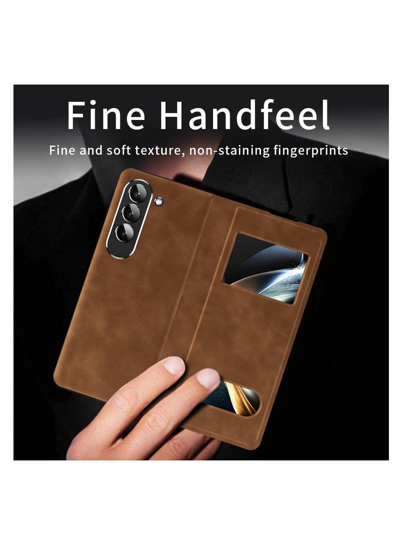 مناسب لهاتف Samsung Galaxy Z Fold 5، جراب واقٍ مغناطيسي قابل للطي، تصميم نافذة، جلد نابا فاخر للأعمال، حامل مخفي لحماية مفصلات الجسم بالكامل، جراب واقٍ رفيع للغاية (Z Fold 5 بني) - Image 5