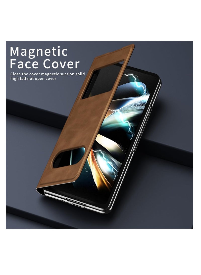 مناسب لهاتف Samsung Galaxy Z Fold 5، جراب واقٍ مغناطيسي قابل للطي، تصميم نافذة، جلد نابا فاخر للأعمال، حامل مخفي لحماية مفصلات الجسم بالكامل، جراب واقٍ رفيع للغاية (Z Fold 5 بني) - Image 2
