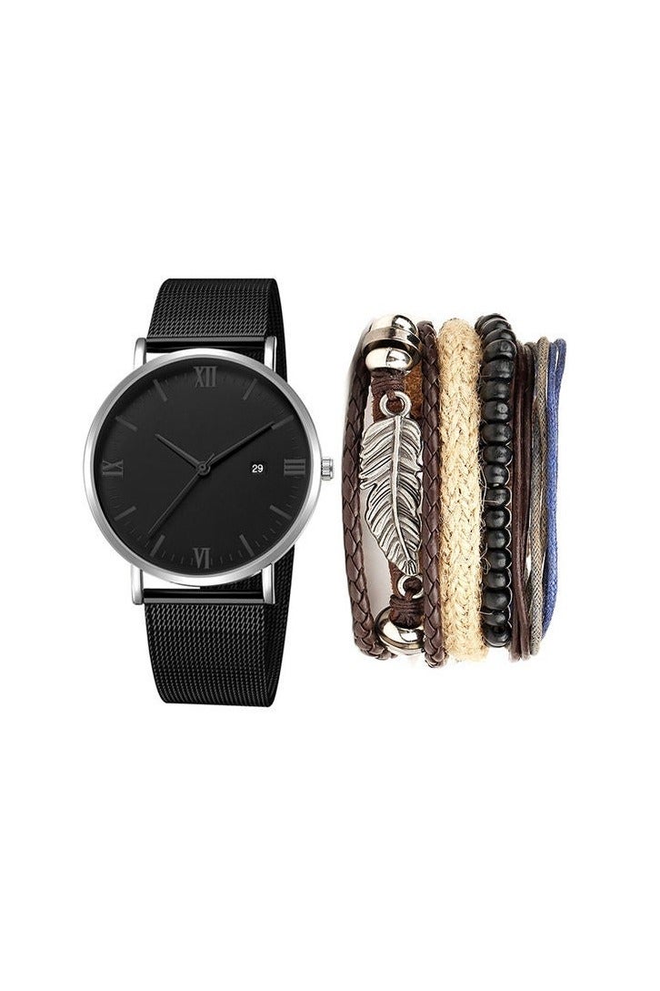 ساعة يد كاجوال بعقارب وحركة كوارتز وسوار من الستانلس ستيل طراز NNSB03705098 مع طقم أساور men