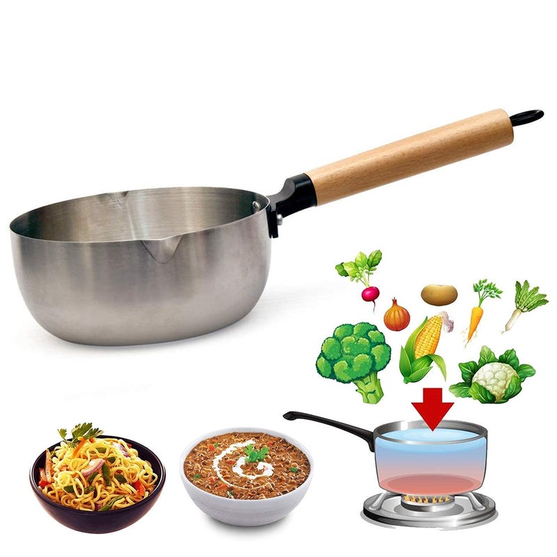 Replex Stainless Steel Sauce Pan Tea Pan Milk Pan with Wooden Handle Tea Milk Coffee Sugar Melting Pot Silver Gas Kitchen Cookware 2 Liters Capacity - Image 1