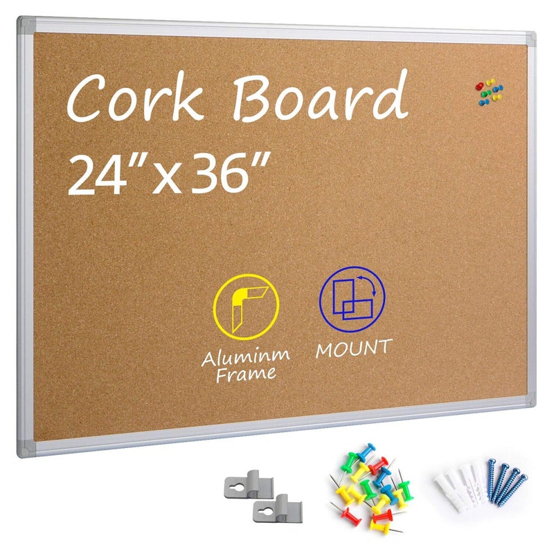 لوحة إعلانات كورك من Board2by 24 × 36 بإطار ألمنيوم فضي 2x3 للوحة المكتب المثبتة على الحائط