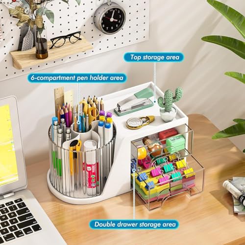 KREPS 360° Rotating Desk Organizer With Drawer, Organizer For Office Supplies Stationery Pens Staplers Clips Sticky Notes Visiting Card, Makeup Brush Holder Makeup Organizer (Cream) White - Image 5