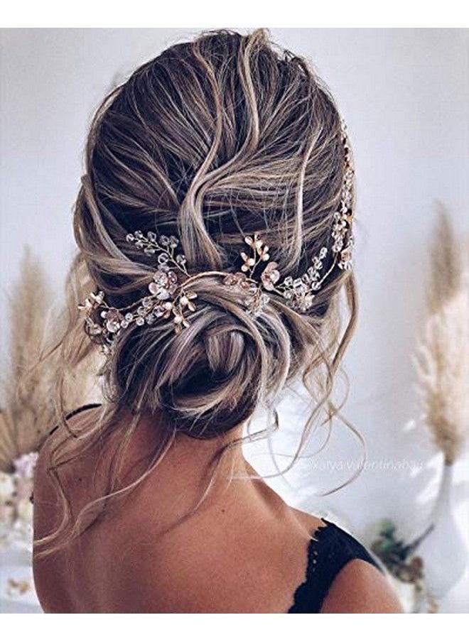 SWEETV Rose Gold Wedding Headband For Bride Floral Bridal Headband Rhinestone Headpiece Wedding Hair Accessories  - Image 4