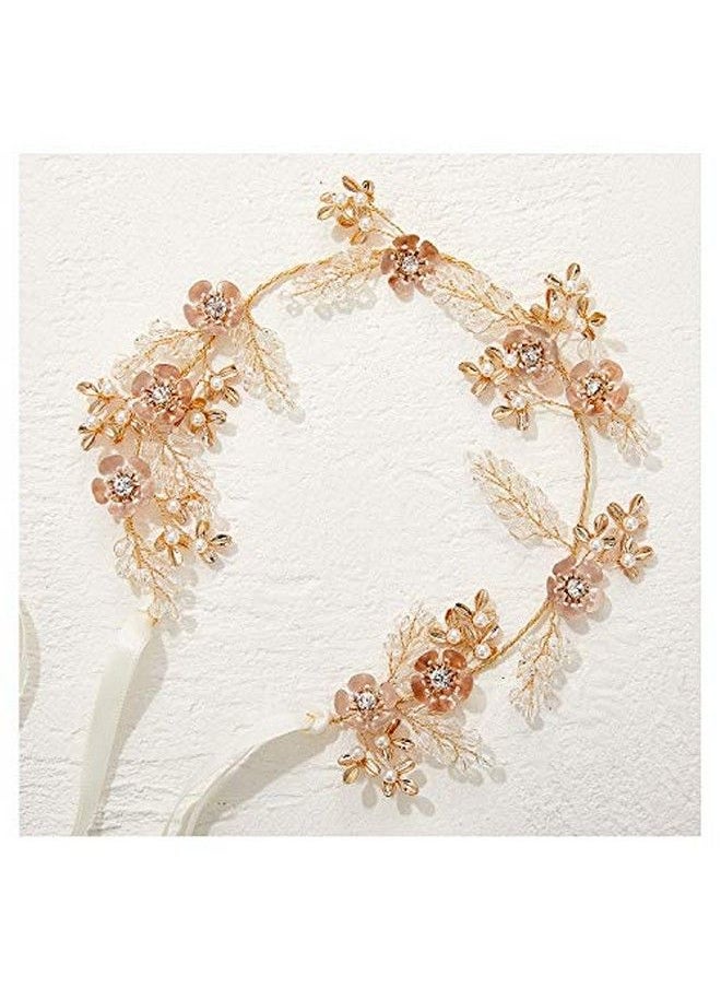 SWEETV Rose Gold Wedding Headband For Bride Floral Bridal Headband Rhinestone Headpiece Wedding Hair Accessories  - Image 5