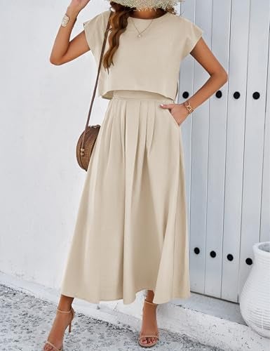 HangNiFang Summer Skirt Sets Women 2 Piece Outfits Cap Sleeve Top Elastic Waist Maxi Dress Sets with Pockets(1218-Khaki-S) - Image 2