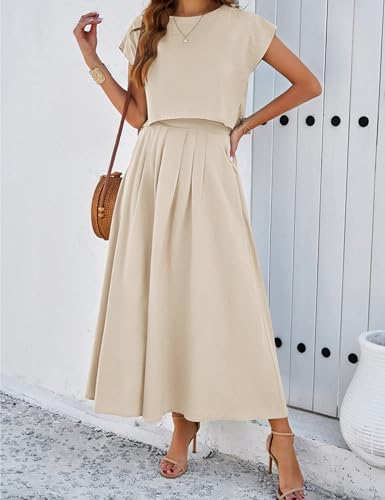 HangNiFang Summer Skirt Sets Women 2 Piece Outfits Cap Sleeve Top Elastic Waist Maxi Dress Sets with Pockets(1218-Khaki-S) - Image 3