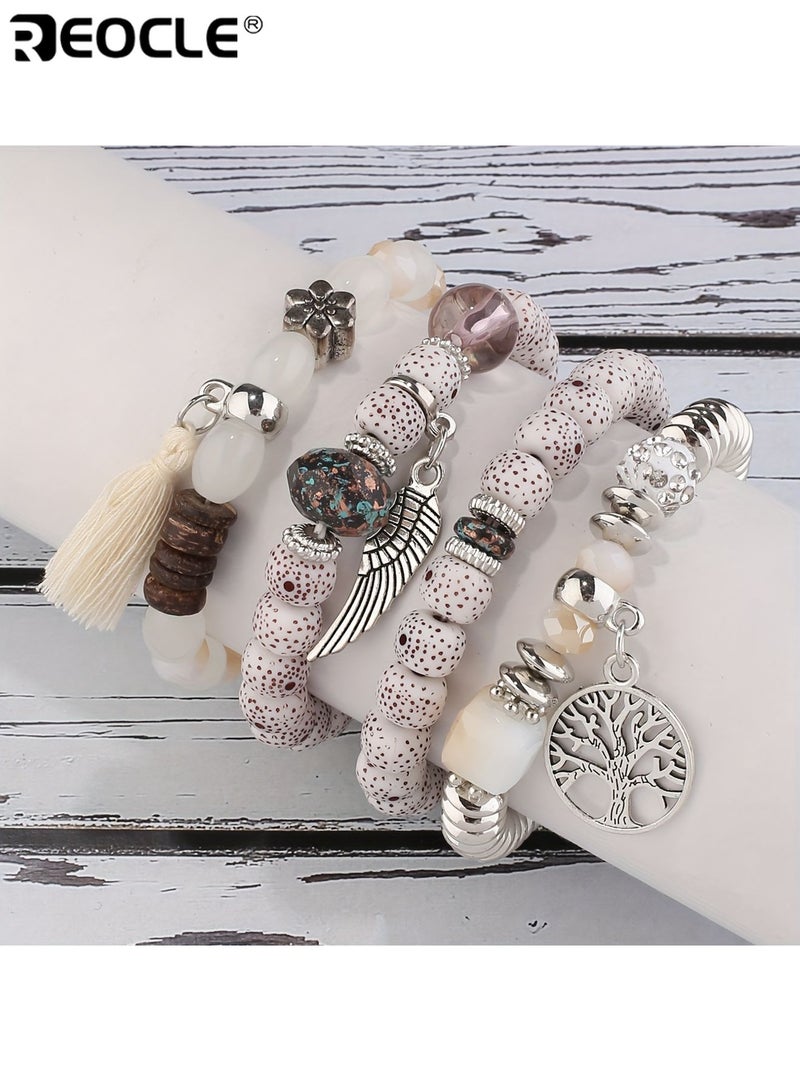 ريوكل للجنسين شجرة الحياة أساور قلادة مصنوعة يدويا أكريليك الأزواج سوار مع شرابات ريشة مجوهرات بوهو على غرار مناسبة للارتداء اليومي للحفلات المناسبات الخاصة فكرة هدية رومانسية للرجال والنساء البالغين - Image 2